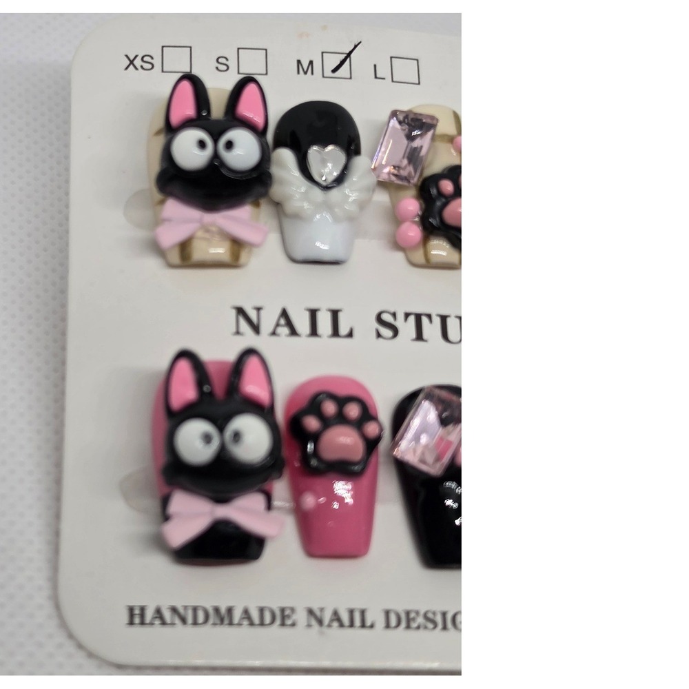 Handmade 3D Black Cat Press On Nails Pink Kawaii Goth Paw Skull Size M - Picture 5 of 5
